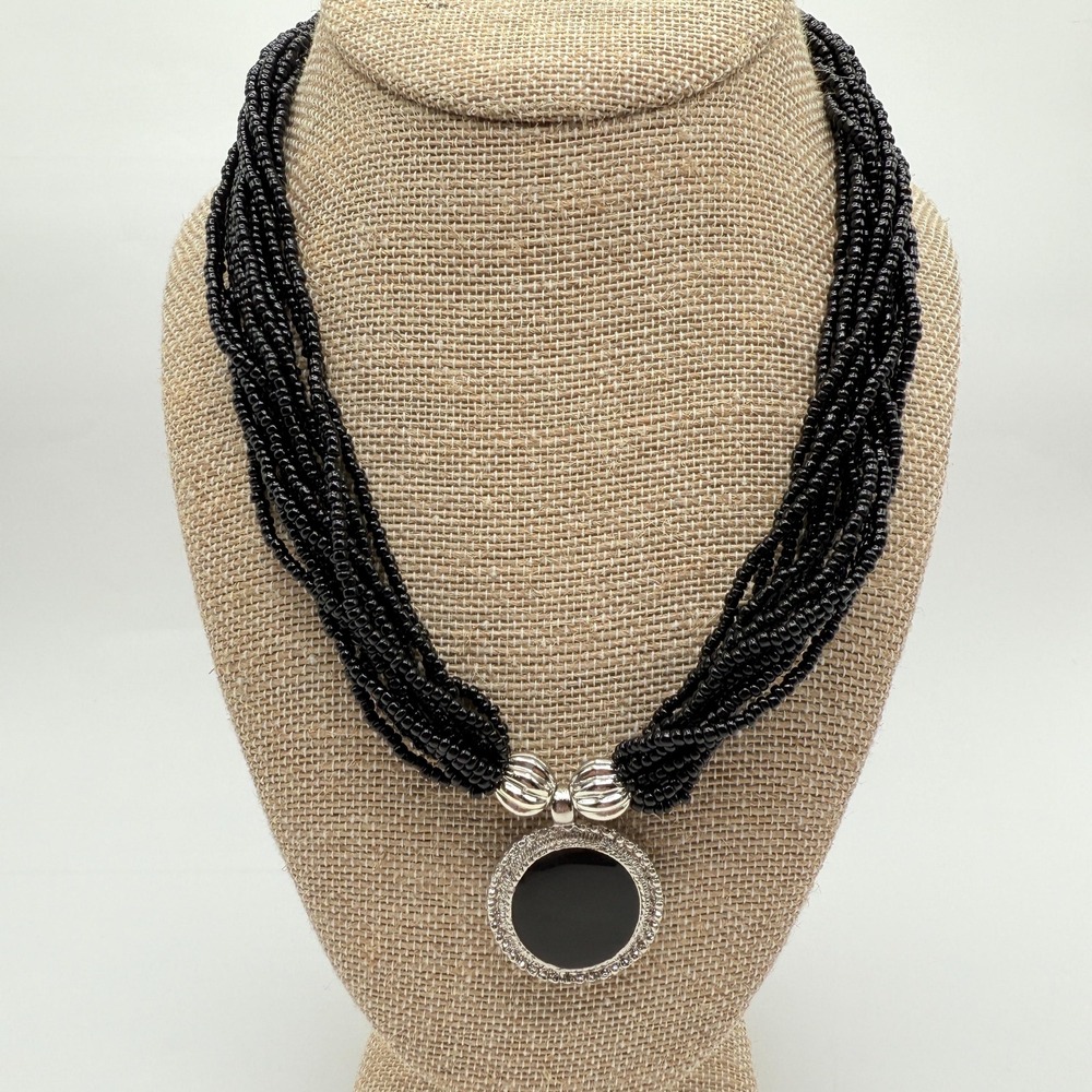 Vintage Black Multi Strand Seed Bead Round Enamel Pendant Necklace